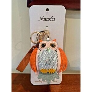 New Natasha Owl Rhinestone Handbag Charm Gold Tone Keyring Faux Leather Backpack